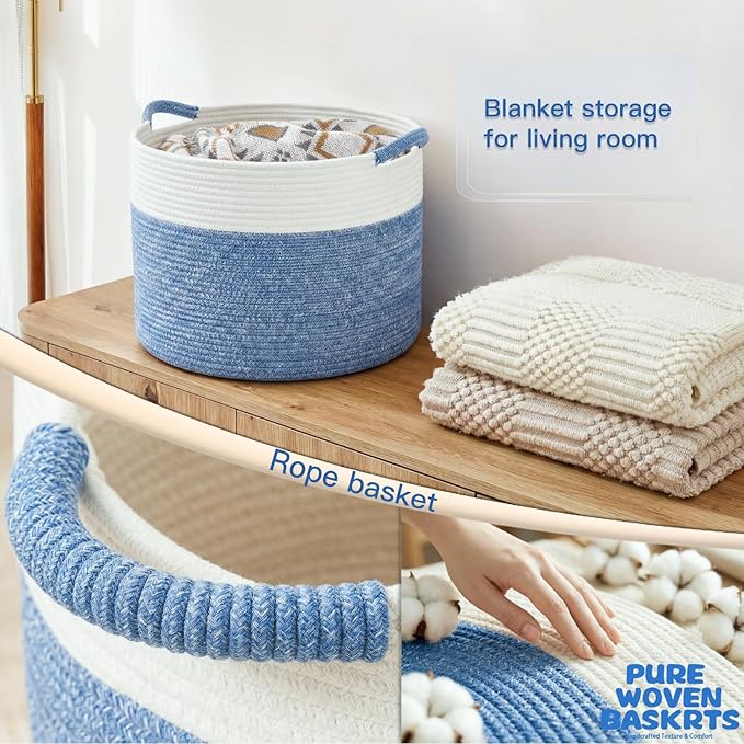 Artfeel 40L Large Cotton Rope Basket, Decorative Woven Blanket Storage for Living Room, Boho Toy Storage & Toy Box for Kids, Versatile Laundry Basket & Nursery Hamper for Blankets(DenimBlue) - Image 5