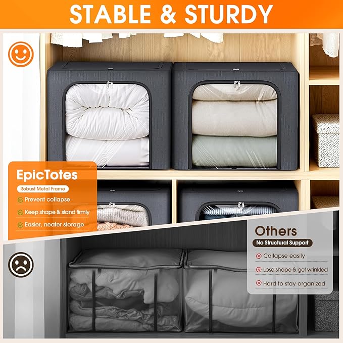 6 Pack Clothes Storage Bins with Metal Frame,40L Storage Bags Fabric Box Organizer with Clear Window,Zippers,Sturdy Handles(6 Pcs,Light Grey,40L) - Image 8