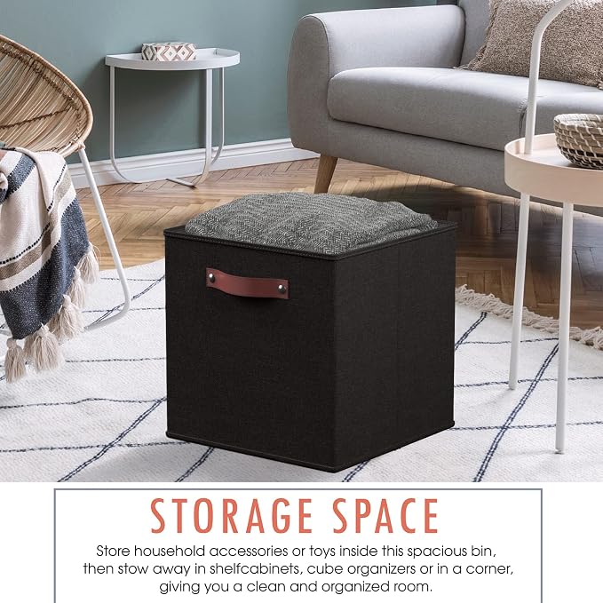 Ornavo Home 11x11 Foldable Fabric Storage Cube Bins, 6 Pack, Black | Collapsible Linen Shelf Basket Organizer; Leather Handles; Ideal Cube Storage For Closet - Image 4