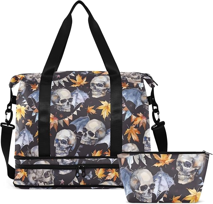 Travel Duffel Tote Bag Skull and Bat Leaf Sports Duffel Bag with Wet Pocket Weekender Overnight Bag for Women Men Gym Bag, Carry On Bag Hospital Bag for Labor and Delivery by MNSRUU