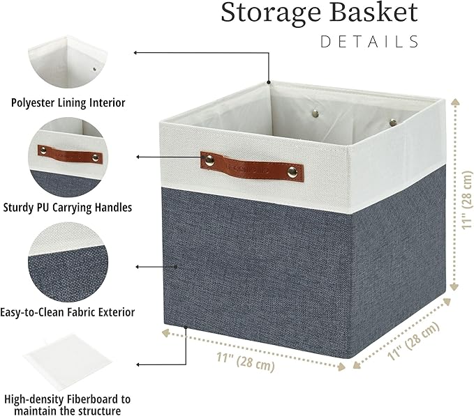 DECOMOMO Fabric Cube Storage Bins, Storage Baskets for Shelves 4 Pack | 11 inch Cube Storage Organizer for Kallax and Cubbies (Slate Grey & White) - Image 8