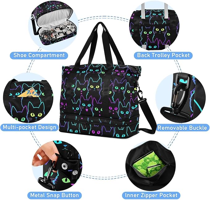 Travel Duffel Tote Colorful Neon Cat Sports Bag With Wet Pocket - Weekender Overnight for Women Men Gym, Carry On, Hospital for Labor and Delivery - Image 4