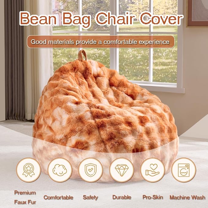 Fluffy Faux Rabbit Fur Bean Bag Chair Cover(No Filler),Cozy Shaggy Bubble Stuffed Animal Storage Large Bean Bag Cover for Bedroom Living Room,Tie-dye Burnt Orange - Image 2