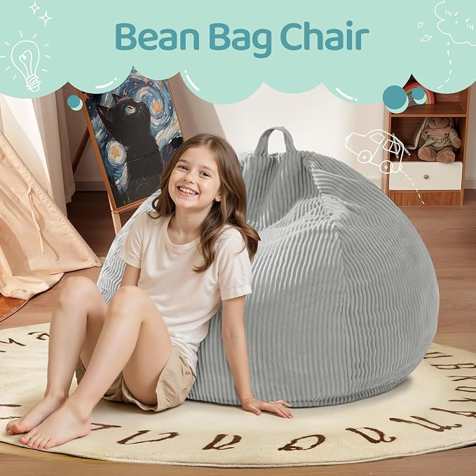 2.5FT Bean Bag Chair,Teardrop Bean Bags with Memory Foam Filled | Beanbag Chairs with Handle,Teardrop Bean Bag Sofa with Corduroy Machine Washable Cover for Living Room,Bedroom-Light Grey - Image 3
