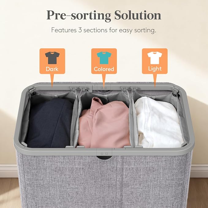 Lifewit 185L 3 Section Laundry Hamper with Lid, Laundry Basket, Light Gray | Large Foldable Laundry Sorter with 3 Removable Bags, Tall Clothes Hamper for Bedroom and Bathroom - Image 3