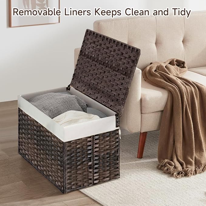 240L Wicker Storage Basket with Lid, Handwoven Rattan Large Shelf Basket with Removable Liner, 63.5 Gallon Wicker Basket for Blanket, Storage Trunk with Handle for Closet, Bedroom, Livingroom, Brown - Image 3