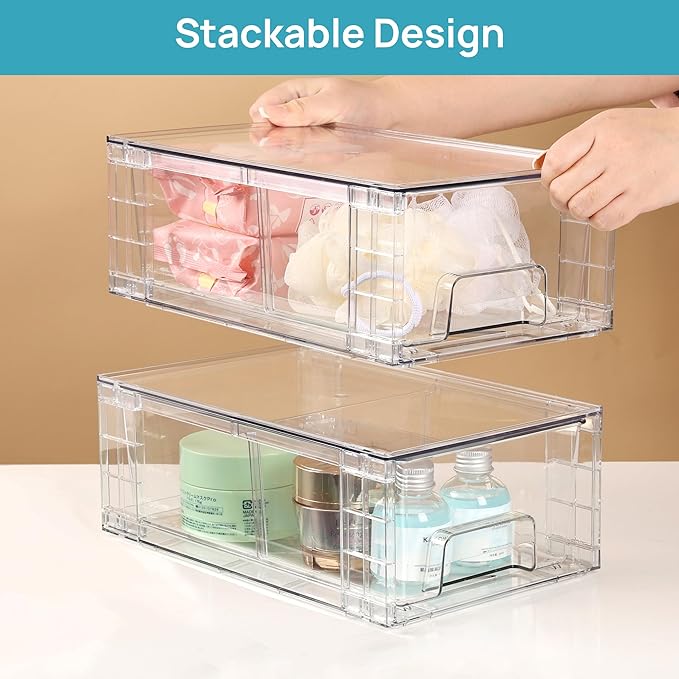 Vtopmart 4 Pack Stackable Clear Drawer with Dividers | Easy Assembly, Stackable Storage, Removable Dividers, Non-Slip Design, For Fridge, Under Sink, Pantry & Bathroom - Image 6