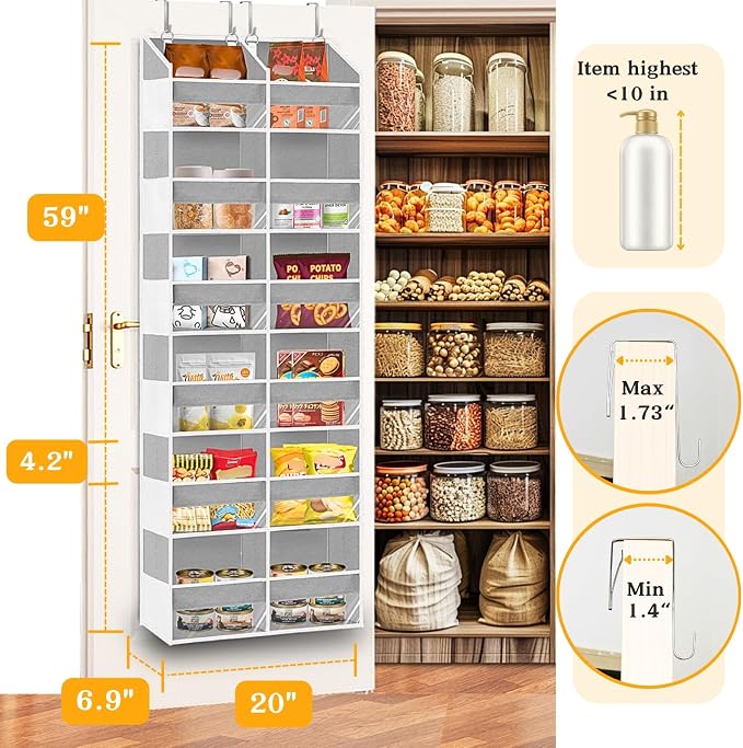 Over The Door Organizer 6 Tiers, Extra Large Behind Door Storage of 12 Compartments, 80 lbs Weight Capacity Hanging Storage Organizer with Clear Window Kids Toys,Shoes,Diapers,Room Storage,Light Grey - Image 3