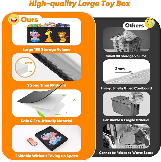 Extra Large Toy Box, Collapsible Storage Organizer with Lids, 40"x14"x16" | Black Cute Animals Kids Toy Chest Storage Bins Boxes for Boys Girls, Bedroom Nursery Playroom Organization - Image 5