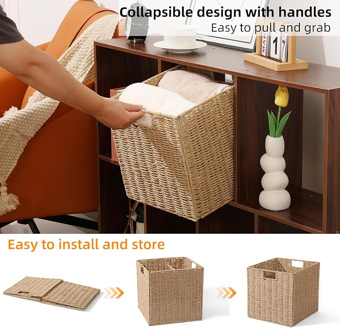 Set of 2 Hand-Woven Paper Rope Wicker Baskets, Storage Basket, Foldable Cube Storage Bins, Natural Color Storage Cubes, Square Baskets for Organizing Shelves Decor, 12x12x12in - Image 4