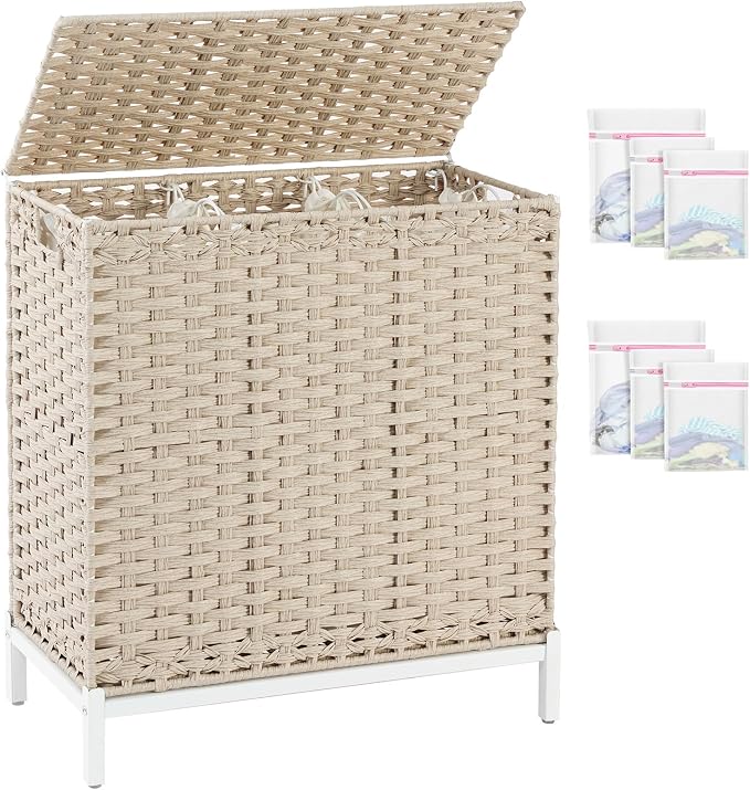 SETVSON Laundry Hamper with Lid,Clothes Hamper with Lid,132 L, Light Khaki | 35 Gallons, Handwoven Rattan Laundry Hamper, Metal Heightened Feet, 3 Removable Liner Bags for Laundry by SETVSON