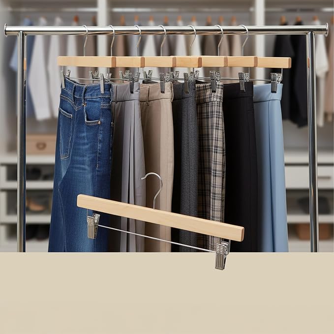 Relaxdays Wooden Pants Hangers Set of 12, Adjustable Clamps, 360° Swivel Hooks, 35.5 cm Wide - Image 3