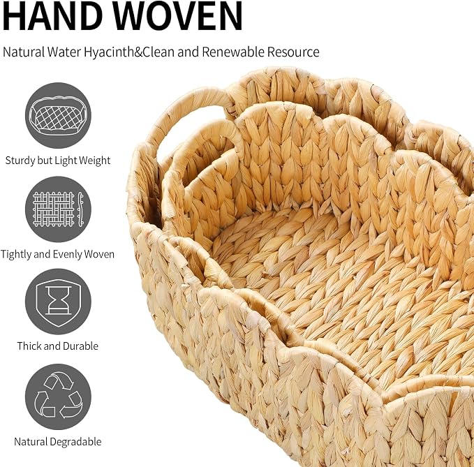 Coeusy Scalloped Basket Set of 2,Water Hyacinth Basket for Organizing and Decor,Hand-Woven Wicker Storage Baskets with Built-In Handles for Nursery,Gift - Image 8