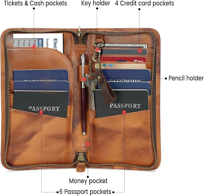 Polare Full Grain Leather Family Travel Passport Wallet and Documents Organizer RFID Blocking Case Holder Fits 6 Passports for Men and Women - Image 4