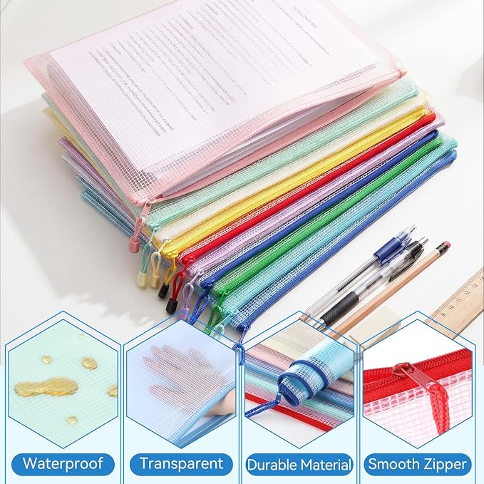 Chuangdi 120 Pcs Colorful Mesh Zipper Pouch Bags A4 Size Board Game Storage Zipper Bags for Organizing, Plastic Pouch Bag in 10 Colors Letter Size Puzzle Storage and Office Supplies - Image 3