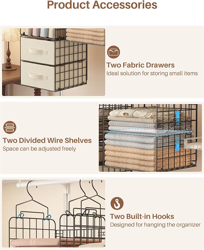 4 Tier Metal Hanging Closet Organizer with 2 Fabric Drawers | Heavy Duty Foldable Clothes Storage Rack ,No Sag Storage Rack for Clothes, Sweaters, Hats, Small Closets, Apartments, Dorms - Image 5