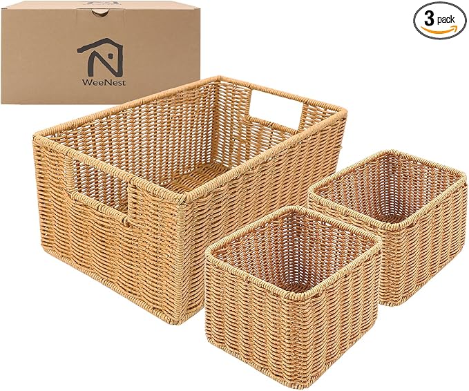 WeeNest Wicker Basket with Handle, Shelf Baskets for Organizing, Woven Organization Storage with Handles, Resin Wicker Set of 3, Latte by WeeNest