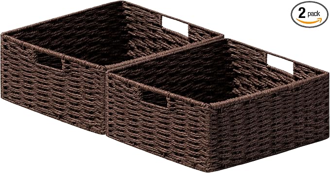 joybest Dark Brown Wicker Baskets for Shelves, Hand-woven Storage Baskets | 13L x 10W x 5H inch for Pantry, Kichen Organizing, Foldable Rectangular Bin with Handles, 2-pack by joybest