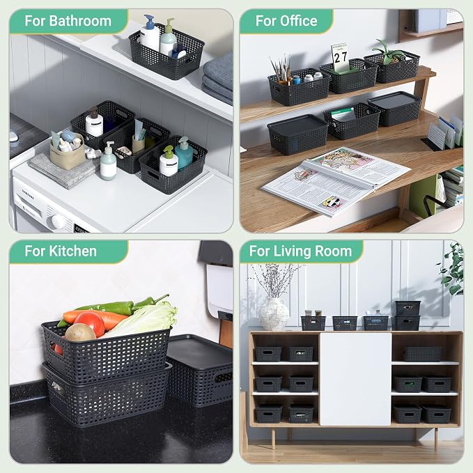 Ohmlove 8 Pack Plastic Storage Baskets with Lids for Organization | Stackable Storage bins, Storages Baskets for Organizing Shelves Drawers Desktop Closet Playroom Classroom Office, Black - Image 7