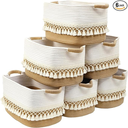 6 Pack Storage Basket for Shelves, Boho Cotton Rope Storage Bins with Heavy Tassel, Shelf Baskets Large Woven Baskets for Organizing, Cube Organizer Bins, Baby Laundry Basket for Clothes, Toys, Pets by Degeyoyo