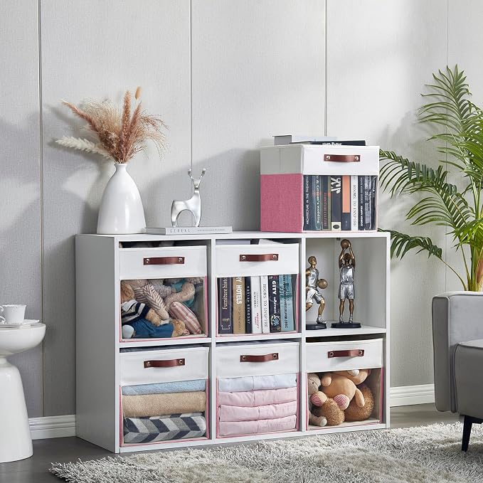 Storage Cubes, 4 Pack Linen Foldable Storage Bins (13 x 13 inch) with Clear Window and Handles, Fabric Organizer for Shelf Closet, Clothes, Books - (Pink and White) - Image 5