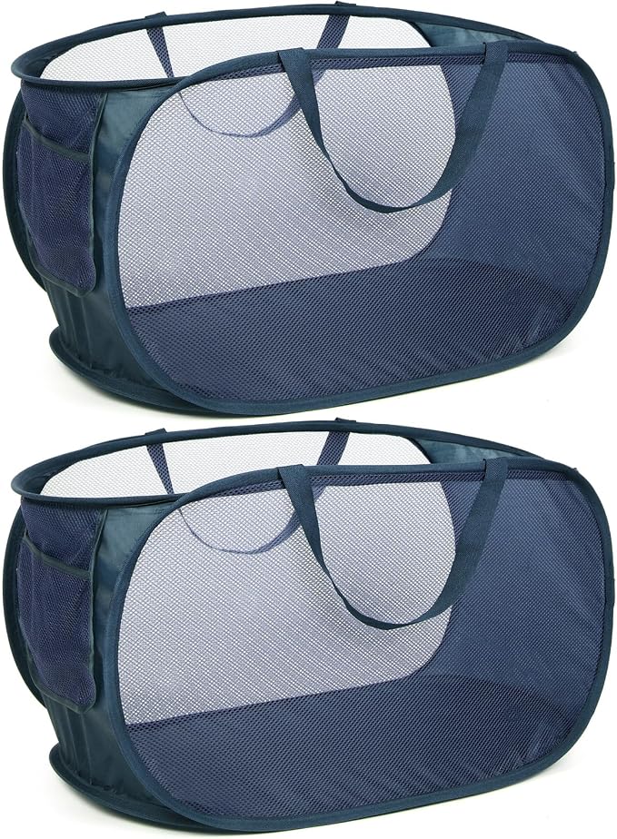 Durable Collapsible Laundry Baskets, Mesh Pop Up Laundry Hamper with Side Pocket, Foldable Clothes Hamper with Reinforced Carry Handles for Laundry, Bathroom, Kids Room, Dorm, Travel 2 Pack Navy Blue by Bemkoo