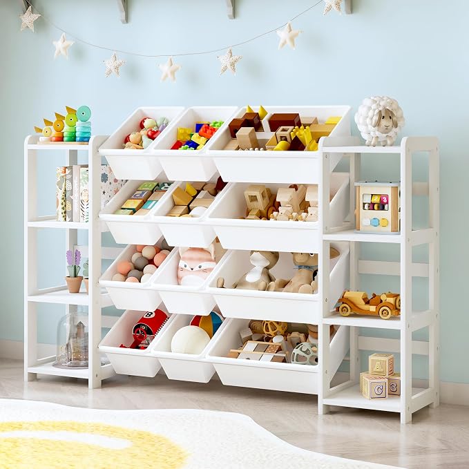 MallBest Extra Wide Toy Storage Organizer with Dual Bookshelves, Kids Wooden Shelf with 12 Removable Bins for Books, Toys, Playroom, Nursery, Bedroom, White, Large by MallBest