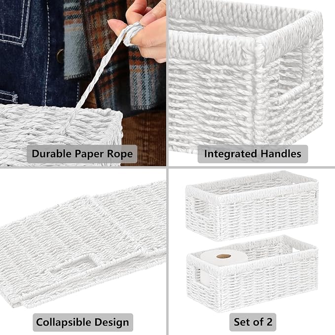 Wicker Storage Basket, Set of 2 Hand Woven Wicker Baskets for Organizing with Handles, Decorative Small Storage Bins for Countertop Toilet Paper Basket for Toilet Tank Top Shelves, White - Image 6