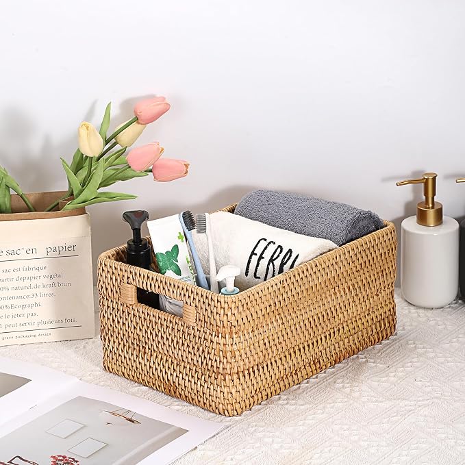 Hipiwe Woven Rattan Basket Natural Wicker Storage Basket Box with Handles | Rectangular Open Storage Bin for Shelf Bathroom Living Room Kitchen, 13" x 8.7" x 5.9" - Image 2