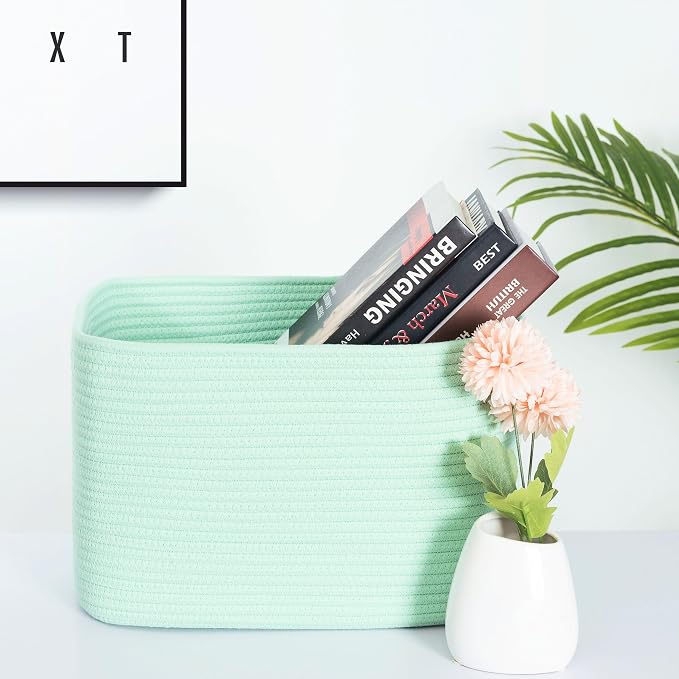 3-Pack Decorative Woven Storage Baskets for Shelves, Cube Bin Box for Organizing Books, Shoes, Dog Toys, Pantry Closet and Living Room Organizer, Mint - Image 2