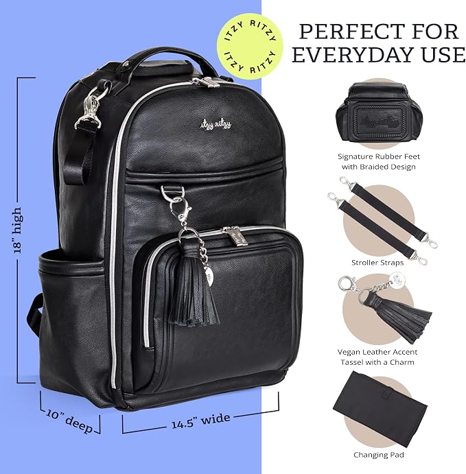 Itzy Ritzy Boss Plus Diaper Bag Backpack w/ 19 Pockets (Black with Silver) | Large Diaper Bag Backpack Includes 2 Insulated Bottle Pockets, Changing Pad, Stroller Clips, Padded Straps, Travel-Ready - Image 3