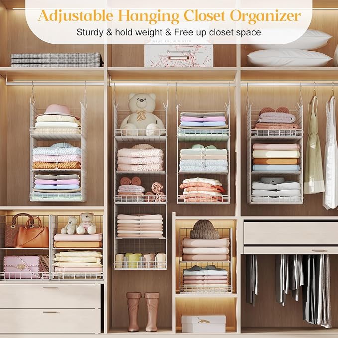 Yuyetuyo ﻿5 Tier Hanging Closet Organizer Separable Hanging Closet Shelves with 4 Hooks 2 Adjustable Dividers, Wire Storage Basket Bins for Clothing Sweaters Socks Dolls Handbags, Foldable - Image 8