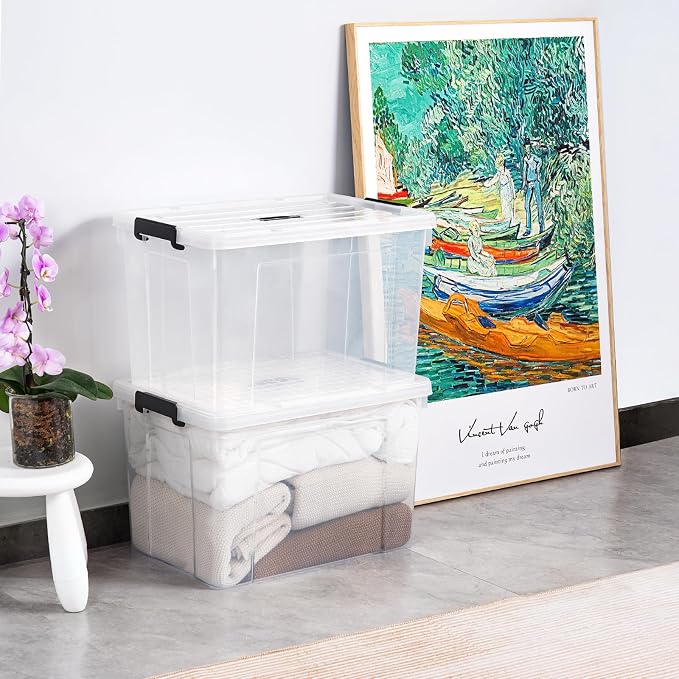 Cetomo Lidded Storage Bin with Handle, Storage Bins with Lid, Organizing Container with Secure Latching Buckles, Stackable and Nestable, Plastic, 95 Quart-4 Pack, Clear - Image 6