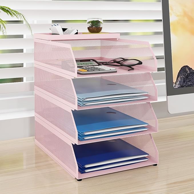 Natwind 4-Tier Stackable Metal Mesh Desk Paper Tray Organizer,Pink | Desktop Accessories for Office Supplies, Letter Tray For Paper Storage ,File Document Holder For Home School Classroom by Natwind