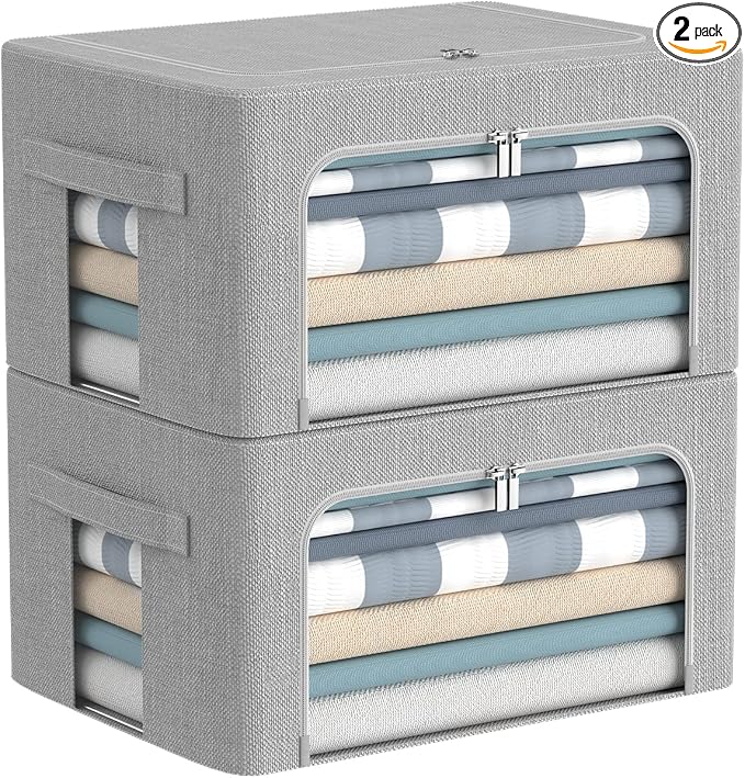 CYhom Clothes Storage Bins Box - Foldable Stackable Container Organizer Set with Clear Window & Carry Handles & Metal Frame - 2Pack Large Capacity for Bedding, Blankets, Books by CYhom