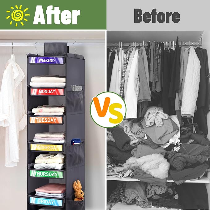 6-Shelf Weekly Clothes Organizer for Kids, Hanging Daily Closet Organization with 6 Side Pockets, Days of The Week Clothing Divider Storage for Boys and Girls (Grey) - Image 6