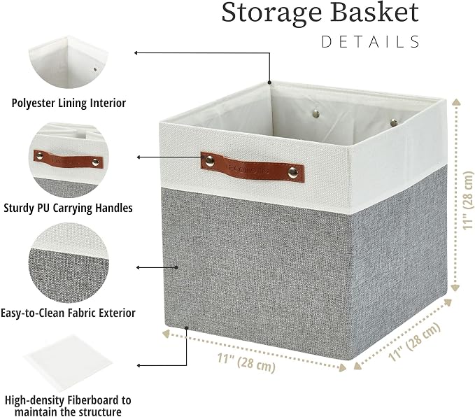 DECOMOMO Fabric Cube Storage Bins, Storage Baskets for Shelves 4 Pack | 11 inch Cube Storage Organizer for Kallax and Cubbies (Grey & White) - Image 9