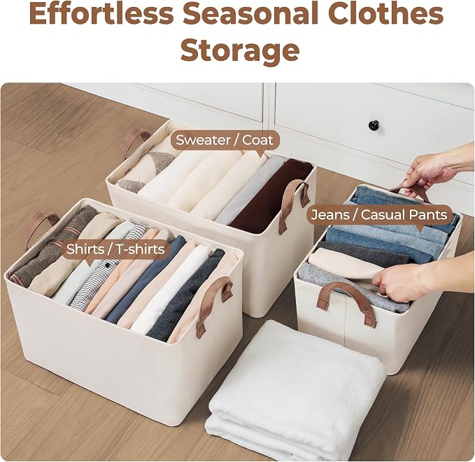 StorageWorks Storage Basket for Shelves, Storage Bins, Natural, 2-Pack | Large, With Reinforced PU Handles, Metal Frame, Sturdy Structure, Collapsible, Holds Clothes, Towels, Blankets - Image 6