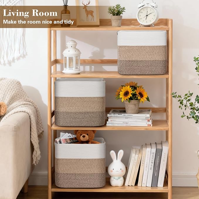 15×13 Inch Storage Cubes, 3 Pack Cube Storage Bins for Organizing, Cotton Rope Woven Baskets for Shelves, Bathroom, Kids Room, Closets, Baby Nursery - Image 2