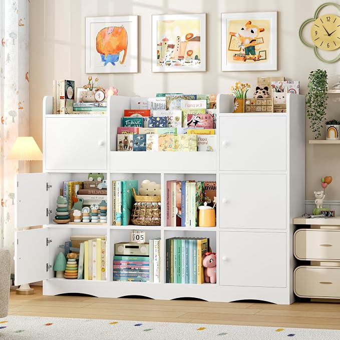 Toy Organizers and Storage with 10 Cubbies and 4 Tier Bookshelf | 55" Large Kids Bookshelf Toy Organizers and Storage with Raised-Edge Top Shelf, Playroom Storage and Toy Chest, White - Image 5