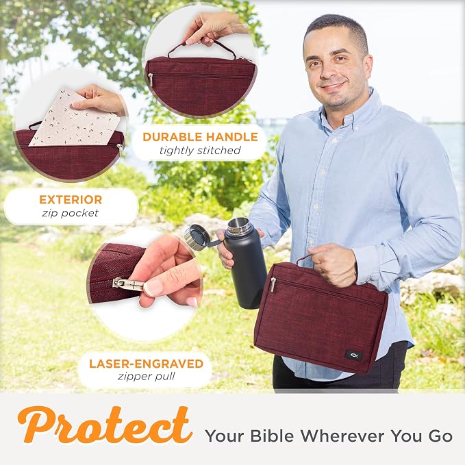 Christian Art Gifts Polyester Bible Cover for Men & Women w/Jesus Fish Patch, Secure Zipper Pocket, Pen Loops, Easy Carry Stationery Book Case, Accessories, Burgundy, Large - Image 11