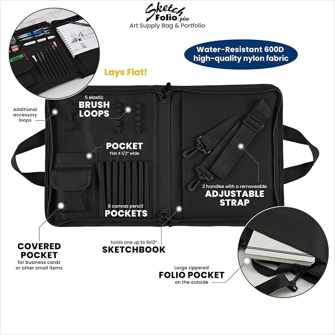 Creative Mark Sketch Folio Plus - Water-Resistant Zippered Nylon Sketch Padfolio, Black Art Travel Bag for Plein Air Artists, Holds 9x12 Sketchbook, Pockets for Brushes, Pencils & Accessories - Image 2