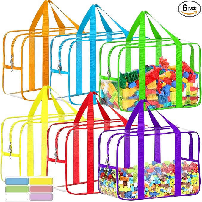 6 Color XXL Toy Storage Bags 16.5×11.8×6.8In with Labels, Large Capacity Reusable Clear PVC Storage Bags, Travel Waterproof Organizer Bags with Double Zipper by OPELETNNT
