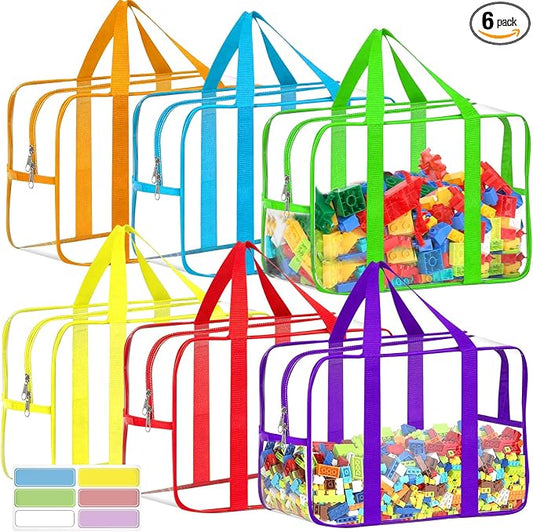 6 Color XXL Toy Storage Bags 16.5×11.8×6.8In with Labels, Large Capacity Reusable Clear PVC Storage Bags, Travel Waterproof Organizer Bags with Double Zipper by OPELETNNT