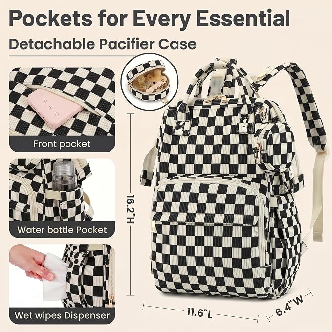 Baby Diaper Bag Backpacks for Mom Dad, Corduroy Large Capacity Multifunction Nappy Bag with Pacifier Case, Baby Travel Essentials Diaper Backpack for Boys Girls - Checkered Black - Image 4