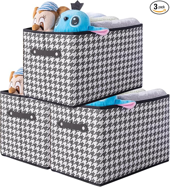 3 Pack Large Collapsible Storage Baskets for Shelves,14.9"x9.5" Fabric Closet storage Boxes with Leather Handles,Decorative Organizers Storage Bins for Clothes,Sheets,Toys,Books,(Houndstooth by Yunkeeper