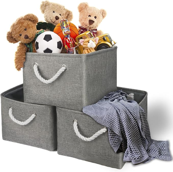 Storage Bins - 3PCS Fabric Storage Baskets for Organizing Shelves | Large Basket Closet Organizer for Home Shelf Dog Laundry Organization | Collapsible Storage Cubes W/Handles - Image 8
