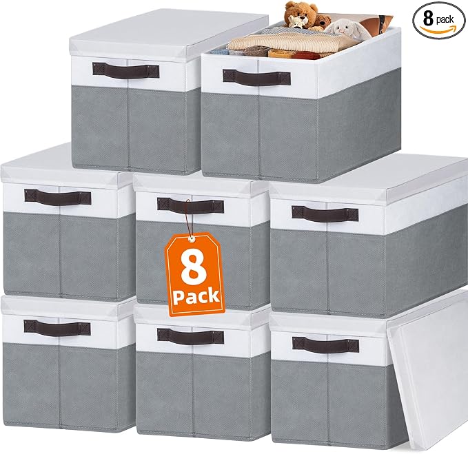 Extra Large Storage Baskets with Lids 8 Pack, 33 QT Blanket Basket for Organizing/ Stackable Decorative Closet Organizers and Storage Box for Clothes Towels/ Toy Organizers Bins with Handles/ 16x12 by Criusia