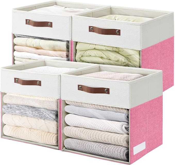 Storage Cubes, 4 Pack Linen Foldable Storage Bins with Clear Window and 2 Handles, 13x15x13 Storage Cube Bins for Shelf Closet, Kallax, Clothes, Books - (Pink / Off-White) by Bagnizer