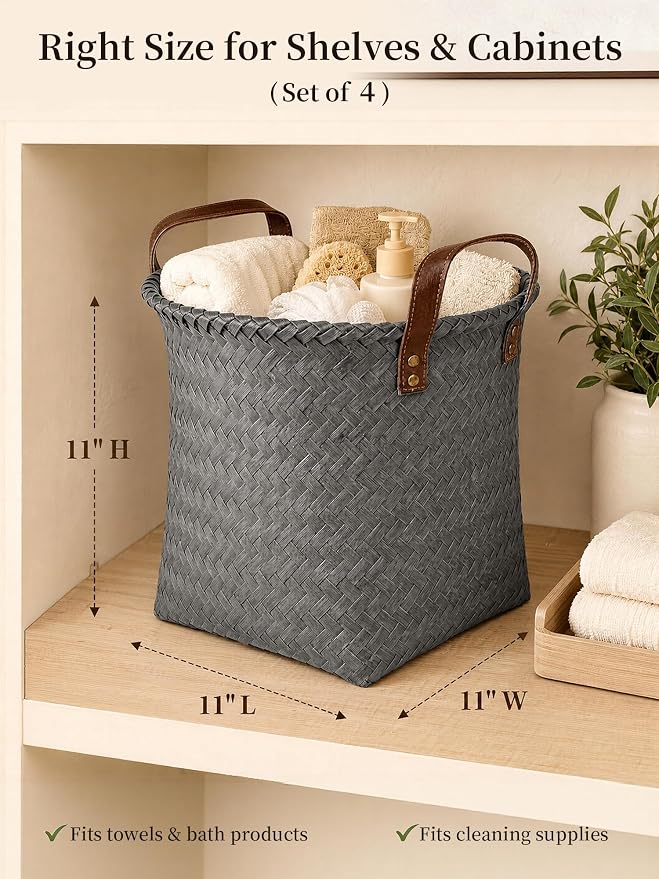 Wicker Storage Baskets, 4 Pack Woven Baskets for Shelves, Grey | PP Rattan, Water-resistant Wicker Basket, Large Baskets with Faux Leather Handles for Blanket, Laundry Organizer, Room Decor - Image 2